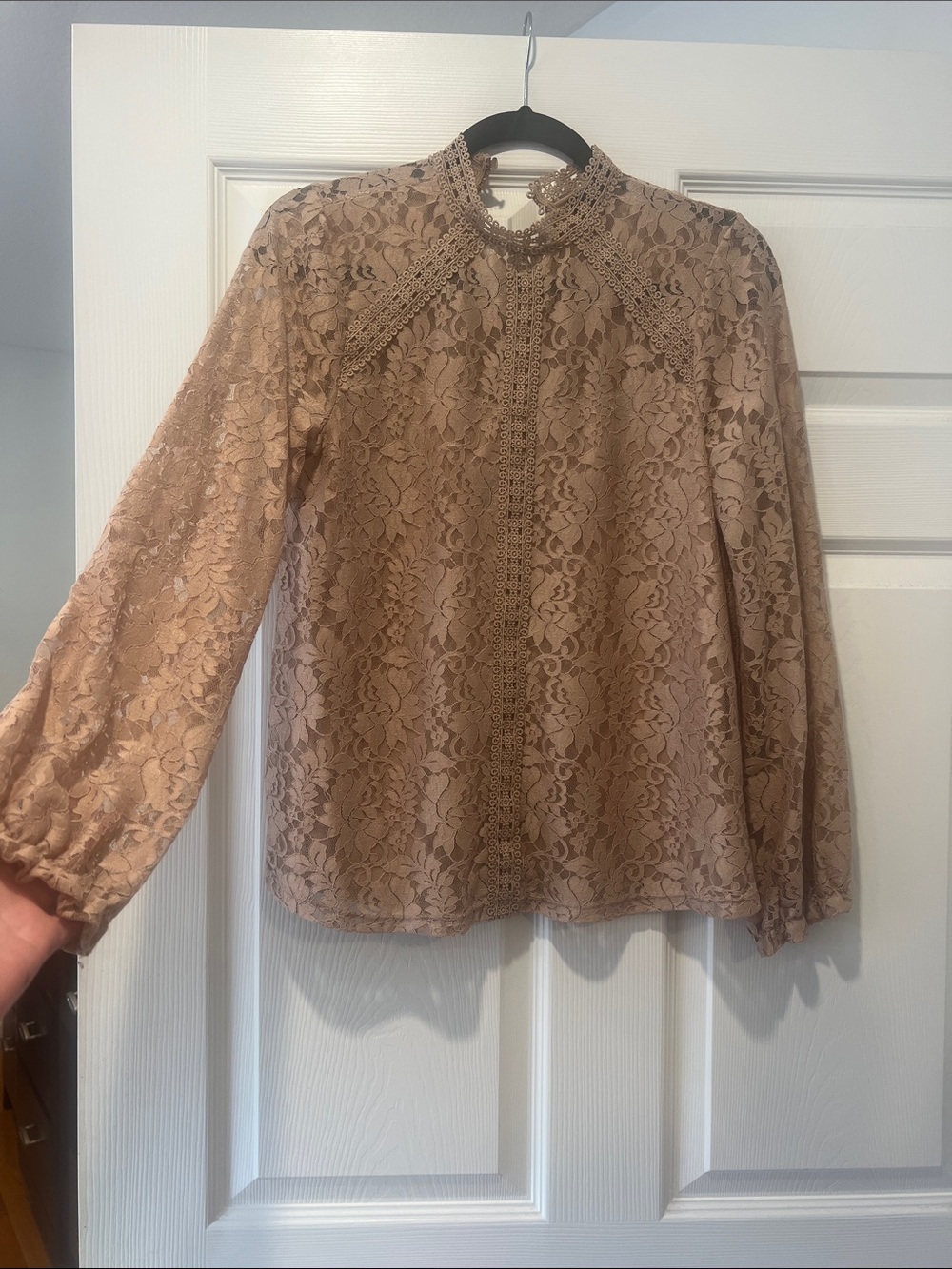 Lace High-Neck Long Sleeve Blouse - Taupe sz med